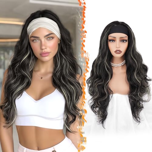 BARSDAR Body Wave Headband Wig - 26 Inch Synthetic Long Loose Body Wavy Headband Wig for Women - Wear and Go Glueless Wigs Soft Natural Looking Easy Wear - Black With Blonde Highlight