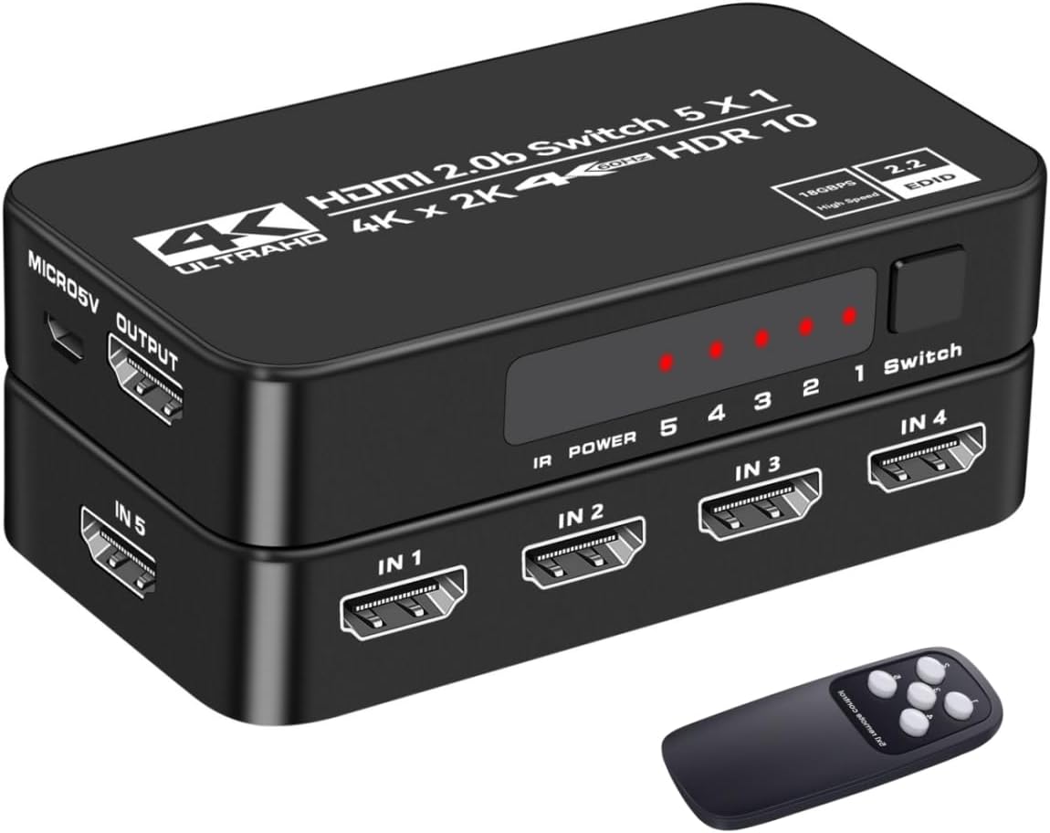 HDMI Switcher 5 in 1 Output 4K@60Hz HDMI 2.0 Selector HDMI Switch 5 Port HDMI Switcher with IR Remote Control for HDCP 2.2 HDR10 3D 18Gbps for b-o-x PS4 HDTV Monitor