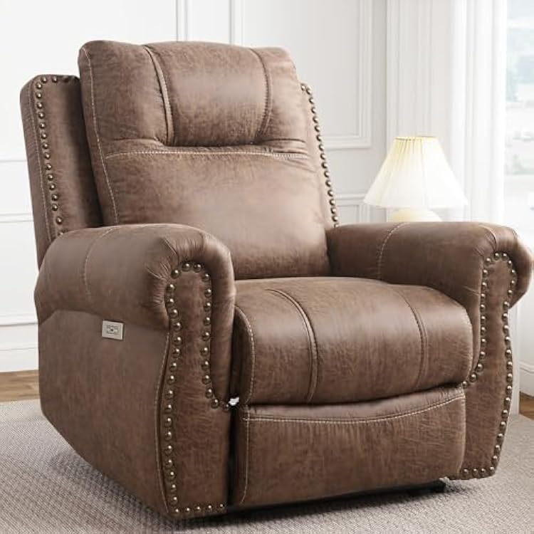 ANJ Electric Power Recliner Chair with USB Ports, Breathable Faux Leather Oversized Recliner with Comfortable Arms, Back and Headrest, Single Sofa for Living Room, Nut Brown