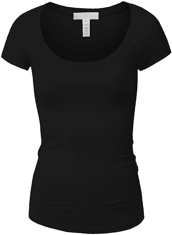 Active Basic Womens Plain Basic Deep Scoop Neck with Cap Short Sleeves - Black - X-Large