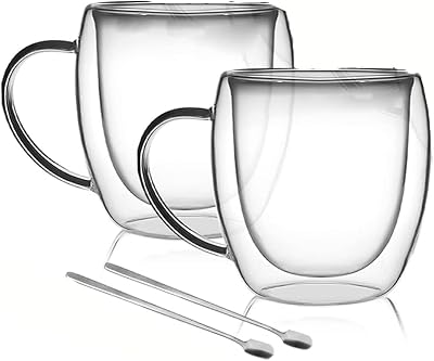 Double Wall Glass Coffee Mugs Set of 2, 12.5 oz Clear Insulated Cups for Espresso, Cappuccino, Latte & Hot Beverages