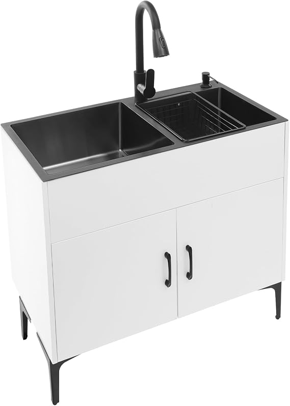 Laundry Sink with Cabinet, Utility Room Stainless Steel Sink with Pull-Out Faucet Dual Bowls, Freestanding Kitchen Bathroom Laundry Tub with Cabinet 31.89x16.93x30.71in(White)