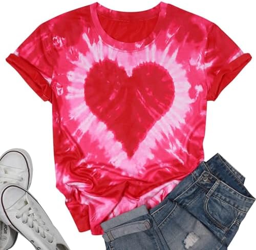 Valentines Shirts for Women Tie Dye Heart T Shirt Valentines Tee Shirt Casual Lover Short Sleeve Tops