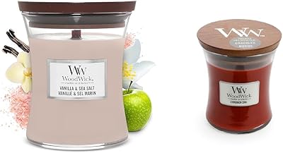 WoodWick 2-Pack Medium Hourglass Candles - Vanilla Sea Salt and Cinnamon Chai Scents - Premium Soy Wax, Wooden Wick, Made in USA