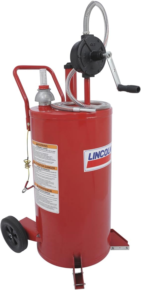 Lincoln 3675 25 Gallon Steel Fuel Caddy with 2-Way Rotary Pump, 7' Wire-Reinforced Hose, Internal Volume-Level Sight Gauge, Fire-Screened Vent Cap, Anti-Spark Aluminum Skid Pads