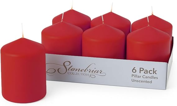 Stonebriar Unscented Pillar Candles 35 Hour Burn Time, Long-Lasting Wax Candles for Weddings, Holidays, Home Decor & Special Events, Pack of 6, Red, 3" x 4"