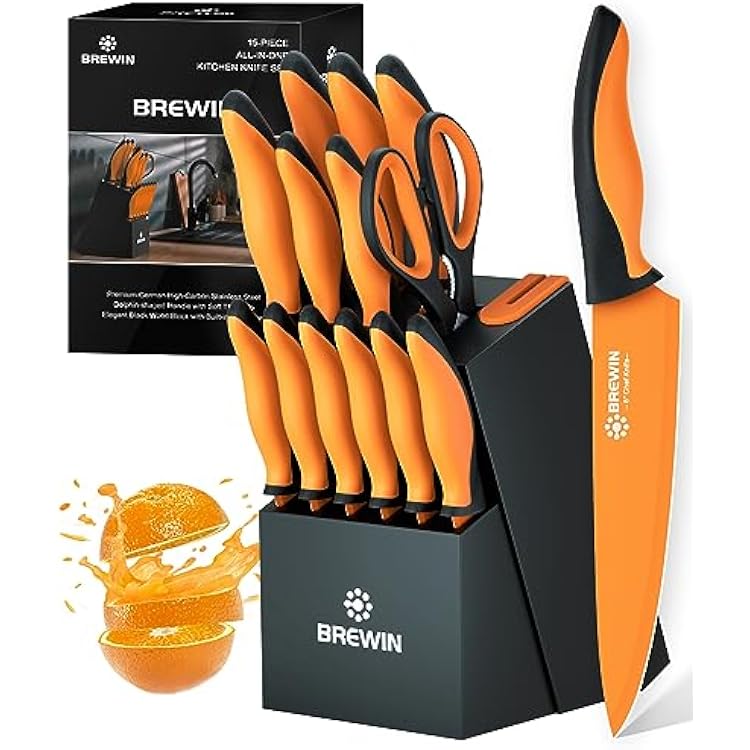 Brewin Knife Set, Kitchen Knife Set, Knives Set for Kitchen with Universal Knife Block, Utility Knife Block Set, Dishwasher Safe. Premium German Stainless Steel, The Best Gift, Orange
