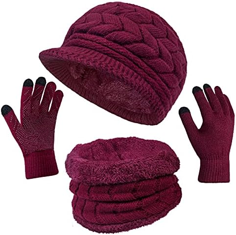 3-Pieces Winter Hat Gloves Scarf Set, Knit Warm Beanie Hat Neck Warmer Touch Screen Mittens for Women