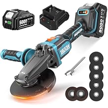 SEESII Flathead Brushless Angle Grinder, 5.0Ah Battery and Fast Charger, Drop Protection, 21V 6 Variable Speed Cordless Grinder Kit 4-1/2 to 5" Cut Off Tool for Metal Cutting, Auto Body, DIY