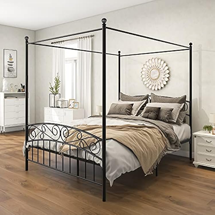 Queen Size Metal Canopy Bed Frame with Headboard and Footboard,Bedroom Platform Bed wSlat Support & No Box Spring Required,for Adult Kid Boy Girl Teen,Black