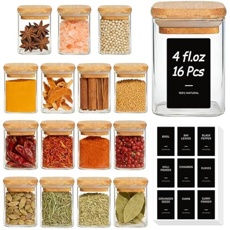 ComSaf Spice Jars with Label 4oz 16 Pack, Glass Spice Jars with Bamboo Lid, Small Seasoning Containers with 54 Black Labels, Stackable for Kitchen, Pantry Organization, Loose Tea, Herbs, Powders, Salt
