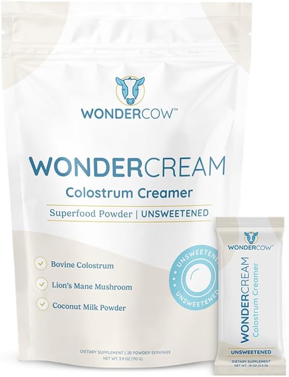 WONDERCOW Bovine Colostrum Superfood Creamer Supplement Powder w/Lions Mane Mushroom & Coconut MCTs | Functional Coffee, Smoothie & Drink Unsweetened (20 Servings - Stick Packs, Unsweetened)