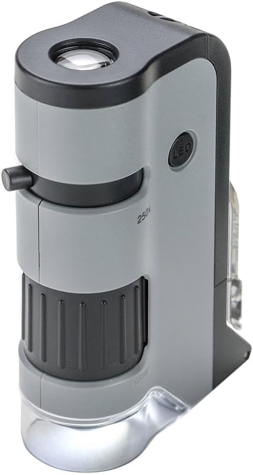 Carson MP-250 MicroFlip 100-250x LED Lighted Pocket Microscope Smartphone Digiscoping Adapter Clip, Gray