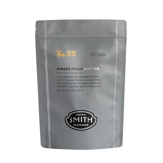 Steven Smith Teamaker, Ginger Peach Iced Tea, 10 One Quart Sachets | Full Leaf Black Iced Tea, Caffeinated, Refreshing, Sugar Free, Sustainably Grown, Plant Based Sachets, Microplastic-Free