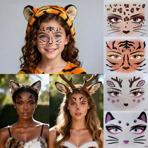 Xmasir 4 Pcs Animal Face Tattoos Stickers, Leopard Temporary Tattoo Sticker Cute Cat Deer Tiger Glitter Face Art Stickers for Women Girls Halloween Christmas Makeup Party Multicolour