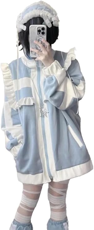 Women Lolita Y2k Patchwork Tops Cute Long Sleeve Coat Kawaii Oversized Outwear Casual Ruffles Jackets