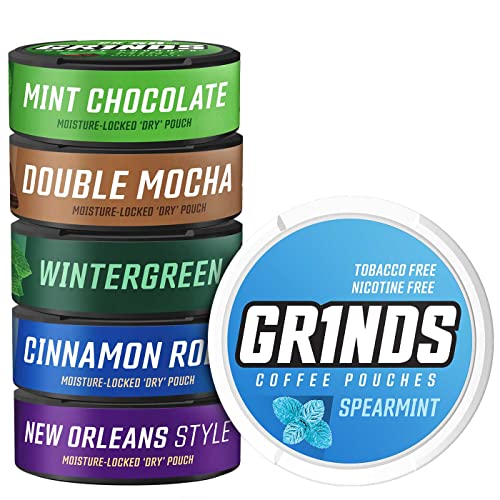 Grinds Coffee Pouches | 6-Can Sampler Pack | Wintergreen, Spearmint, Cinnamon Roll, Mocha, Sweet Mint, New Orleans | Brew-Free Coffee Alternative | 18 Pouches Per Can