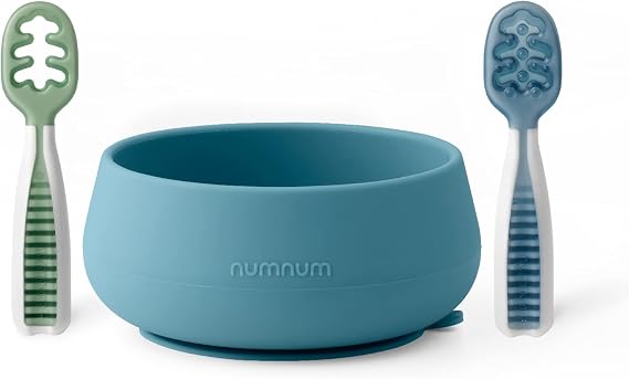NumNum Baby Suction Bowl & Spoons Set 4+ Mo, Blue/Green