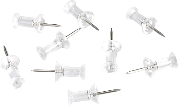 Amazon Basics Push Pins, Clear Plastic Head, Steel Point for Cork Board, Bulletin Board, Maps, Photos, Posters, and Craft Projects, 100-Pack