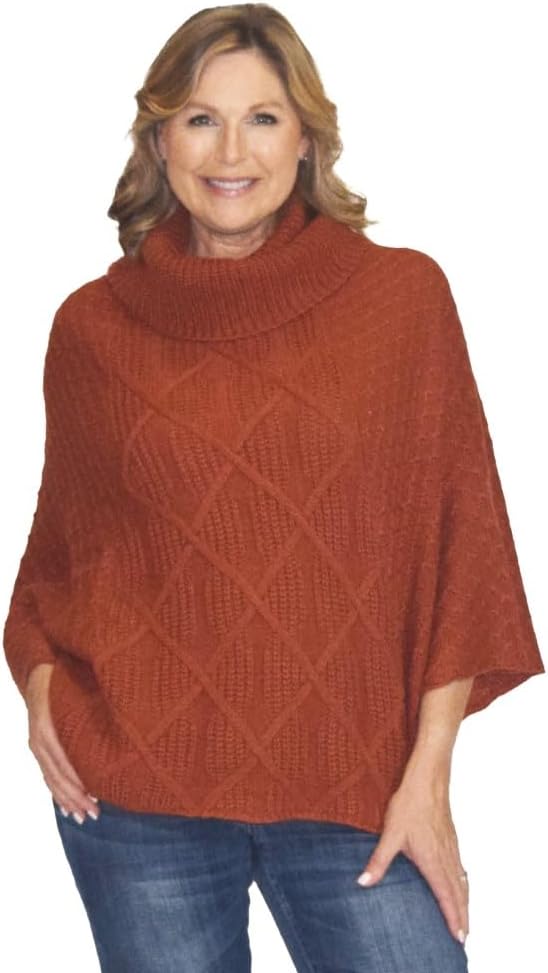 Le Moda Roll Neck Diamond Sweater Knit Poncho