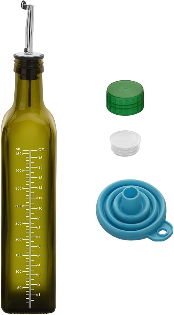 1 Pc 17oz Olive Oil Dispenser Bottle,500ml Glass Oil and Vinegar Dispenser Set with 1 Stainless Steel Pourers,Funnel Oil Bottles for Kitchen (Green Scale)