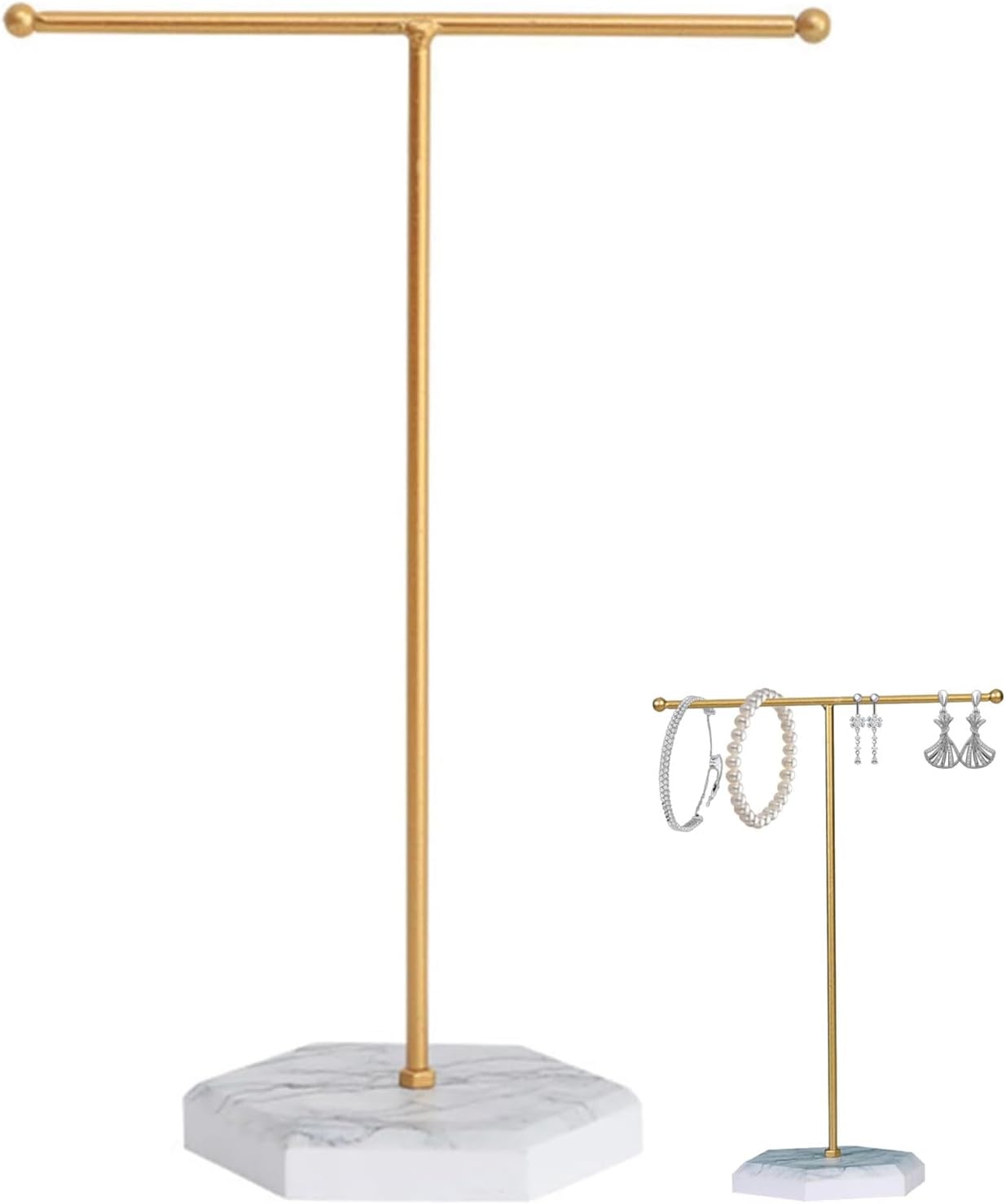 Jewellery Organiser Stand - Metal T-Bar Necklace Display Stand with Marble Pattern Tray, Gold & Black Jewelry Holder for Necklaces, Bracelets, Earrings, Rings - Hanging Organizer,Gold+White
