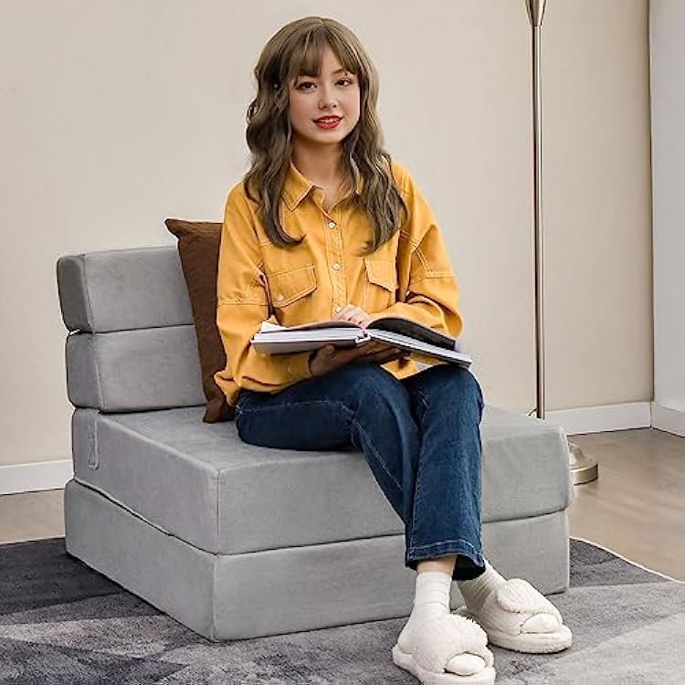 BestComfort Folding Chair Bed Floor Sofa Bed, Upholstered Guest Chaise Lounge Trifold Mattress for Bedroom Living Room Dorm Furniture, Video Gaming Sofa Bed Sleeper Convertible Chair Gray Grey