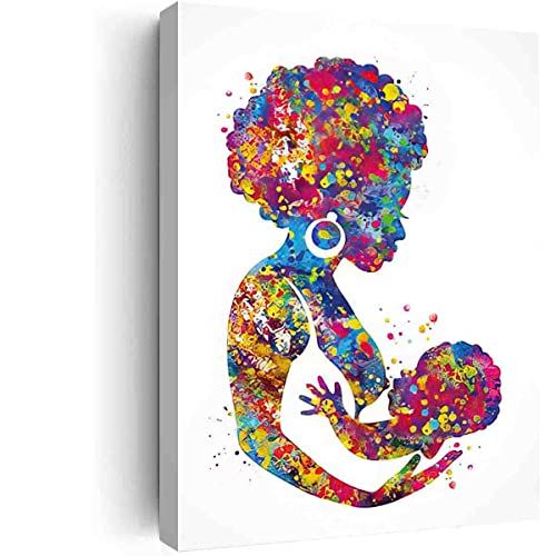 DAVUD Mens Bedroom Wall Decor,Breastfeeding Afro Mother Watercolor Print Mom Newborn Doula Pregnancy Gift Obstetrician Nursing Baby Shower New Mum Art Midwife Gift- 12in x18 in-Ready to hang