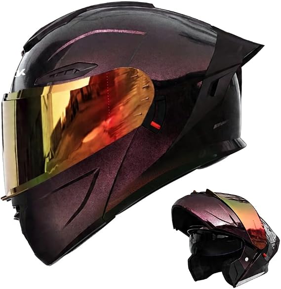 Motorcycle Modular Full Face Helmet with Chrome Visor, Flip-Up Dual Visor Sun Shield Intercom Slot for Adult Men Women, DOT Approved