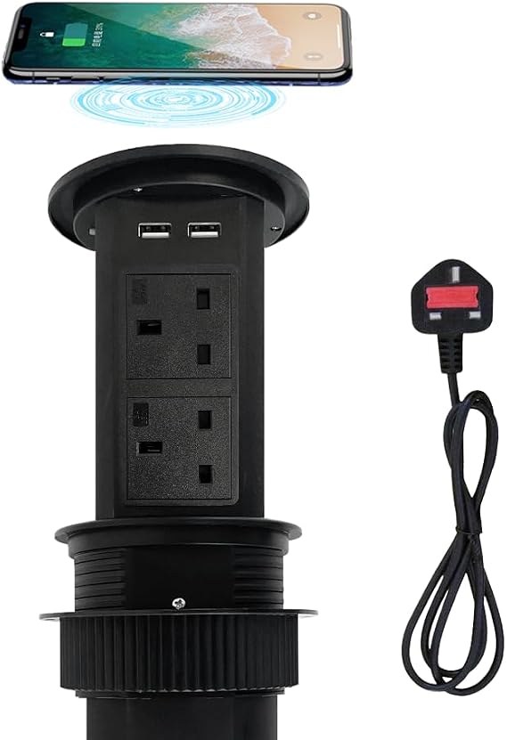 ZESHAN pop up kitchen socket motorised pop up sockets for kitchen worktops with wireless charging with 4 UK plugs, 2 USB C Charging stations for Kitchen Counter, furniture desk,Conference Room, Black