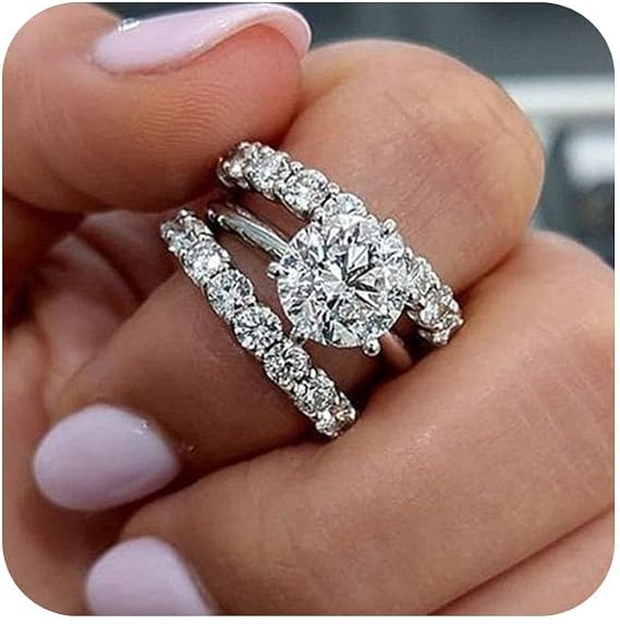 Gixaxak Classic Ring Set 3 PCS 925 Sterling Silver Stackable Engagement Rings Set Cubic Zirconia Eternity Bands Wedding Promise Rings Round CZ Wedding Engagement Promise Eternity Rings 6
