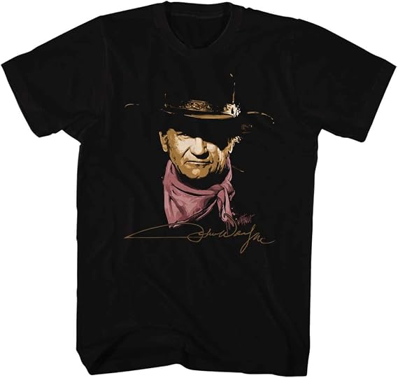 American Classics John Wayne Painted Portrait Autograph T Shirt Black | Officially Licensed John Wayne Merch, Designed and Printed in the USA, 100% Cotton Crewneck Tee, Western Cowboy Graphic