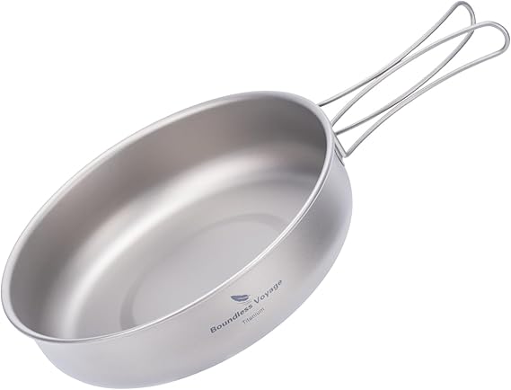 iBasingo 18cm Camping Titanium Frying Pan with Folding Handle Lightweight Outdoor Travel Picnic Skillet Kitchen Cooking Kit Hiking Backpacking Cookware Ti2063C