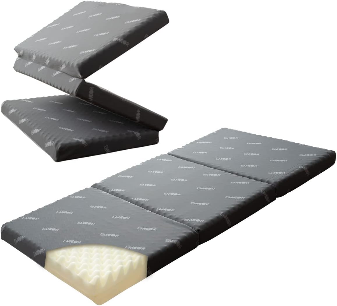 EMOOR Tri-Fold Mattress Topper Start 3180NTwin 78x38 High Resistance Egg Crate Washable Cover, Gray