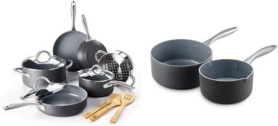 GreenPan Lima Healthy Ceramic Nonstick, Cookware Pots and Pans Set, 12 Piece, Gray & Lima 1QT and 2QT Ceramic Non-Stick Saucepan Set, Gray -