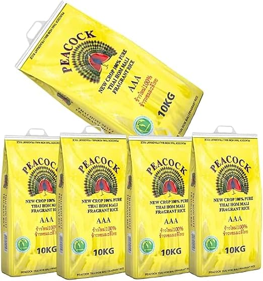 Peacock Thai Hom Mali Jasmine Rice AAA 100% Pure New-Crop, Fragrant Long-Grain, Soft & Fluffy Texture, Authentic Product of Thailand, 10 kg Bag (Pack of 5)