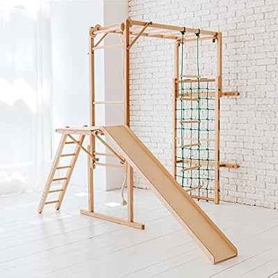 EZPlay Koala Indoor Jungle Gym Playground Sturdy Ash Wood Includes Indoor Jungle Gym Indoor PlaySet with Monkey Bars and a Rope Wall Net Indoor Gym for Kids Ring Set Play Structure - Ages 4-11