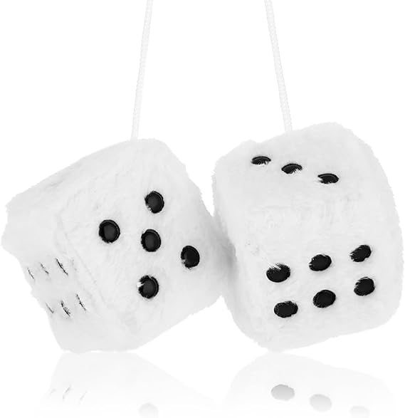 Fuzzy Plush Dice for Car Mirror 2.36 Pair of Retro Square Decoration Dice with White Dots Car Interior Hanging Ornament Decoration(White)
