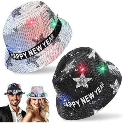 TURNMEON 2 Pack Happy New Year Hats LED Light Up Top for Women & Men, Black & Silver Party Hats for New Years Eve Party Supplies 2026