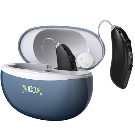 Rechargeable Hearing Aids for Seniors Adults - Noise Cancelling - Wireless Charging Case - Over the Ear RIC and BTE Design - Audifonos Para Sordos - OTC - Pair of 2 - Black Hearing Aids - Clarity Audiology