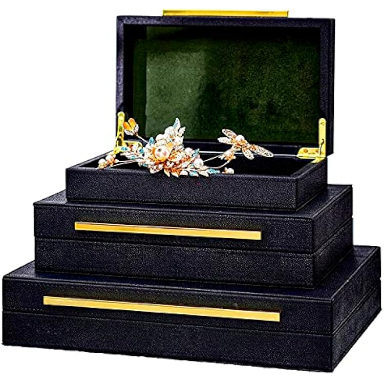 XINSTAR Faux Black Shagreen Leather Decorative Boxes,Decorative Storage Boxes With Lids 3 Pcs Set,Storage Boxes Jewelry Organizer,WomenS Accessory Organizer MenS Jewelry Organizer
