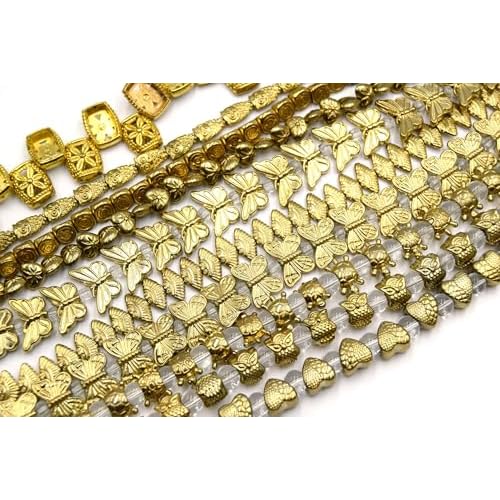 Beadlanta| Gold Finish Pewter Beads - 7-8 Strand- Owl beads, Bullseye Triangle, Butterfly, Dot Printed Fan & Heart Shaped Dot Printed Fan
