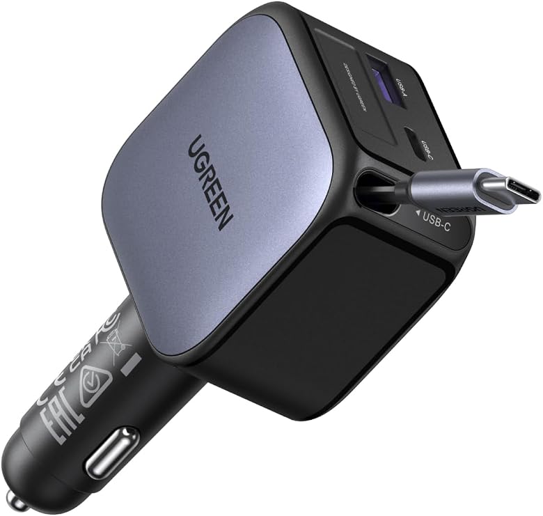 UGREEN 60W 3-Port Retractable Car Charger with 60W Retractable Cable