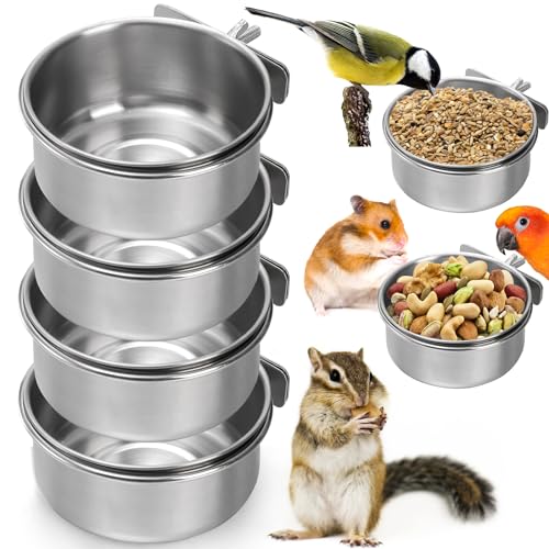 Okllen 4 Pack Bird Feeding Dish Cups, Detachable Stainless Steel Bird Food Bowls with Clamp for Chinchilla Parrot Cockatiel Conure Budgies Parakeet Small Animal