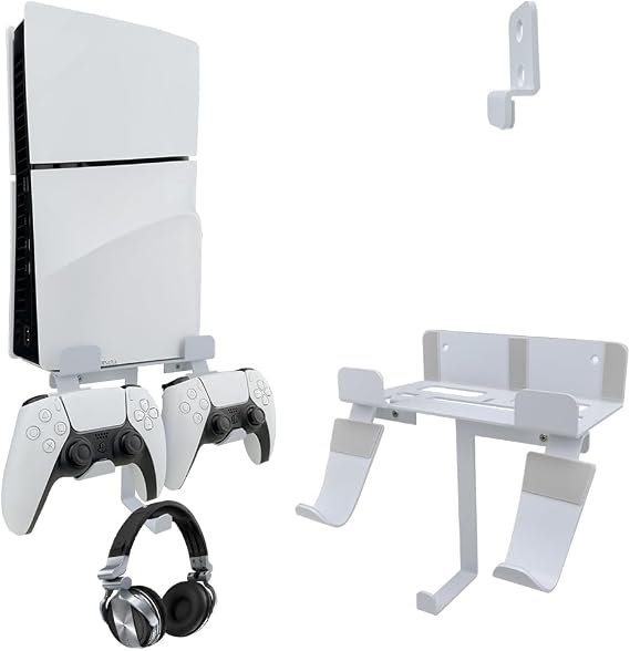 Wall Mount for PS5 Slim/PS5 Pro Console, Aluminum PS5 Slim Disc/Digital Console Wall Shelf Mount with Controller & Headphone Holder - White (Not for Regular PS5)
