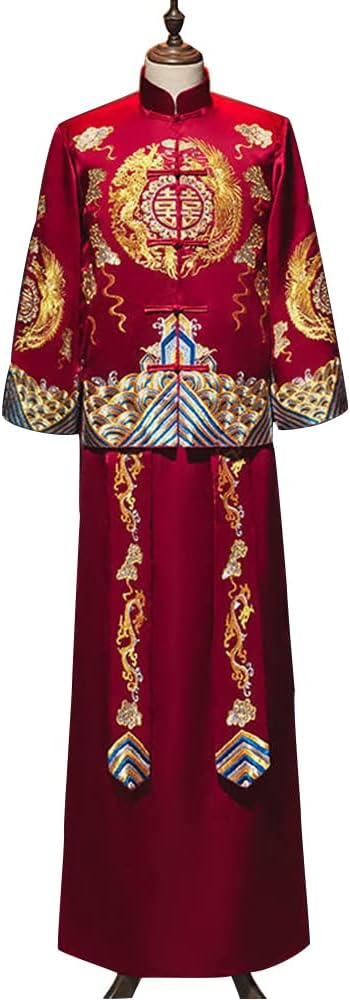 Mens Wedding Dress, Chinese Robe Cheongsam Groom Dress,Chinese Stand Collar Suitable for Occasions Marriage Or Engagement,S2