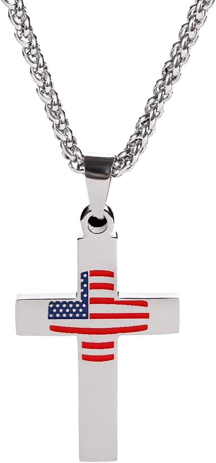 NASAMA American Flag Patriotic Cross Pendant Necklace for Men Women Enamel Necklace Jewelry