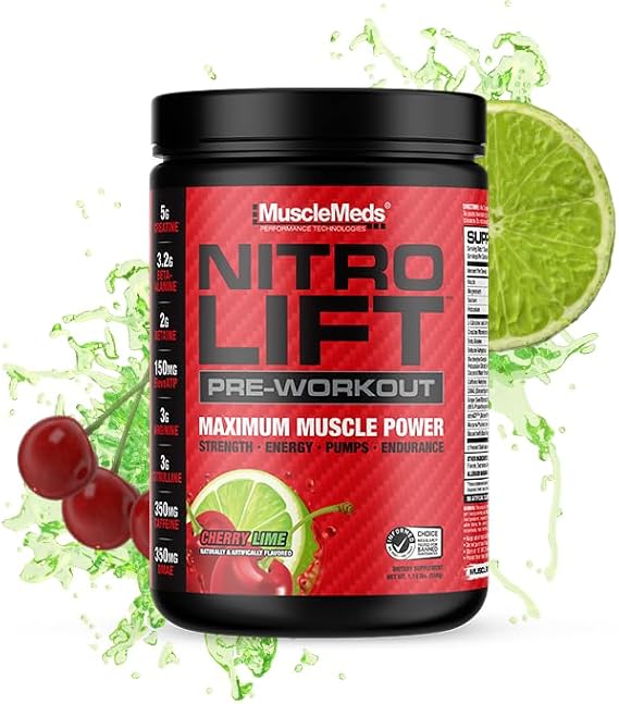 MuscleMeds Nitro Lift Pre Workout Enhance Endurance and Muscle Performance, Cherry Lime, 40 Servings
