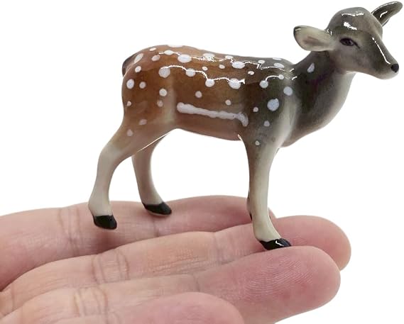 WitnyStore Tiny 212" Brown Gray Stand Doe Deer Figurine - Miniature Hand Made Ceramic Deers Stag Hart Fawn Reindeer Wildlife Animals Porcelain Decorative Collectible Figures for Terrarium Decor Gifts