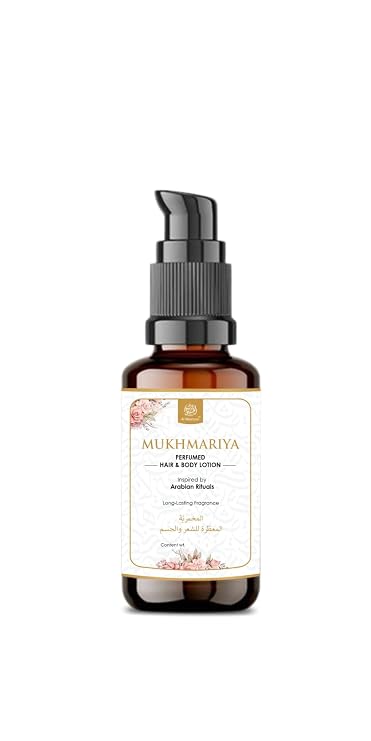 Mukhmariya Arabic Perfumed Hair & Body Lotion | Long-Lasting Floral Fragrance with Jasmine, Rose & Sandalwood | Non-Greasy, Nourishing, Alcohol-Free Moisturizer | Unisex | 30ml (Pack of 1)